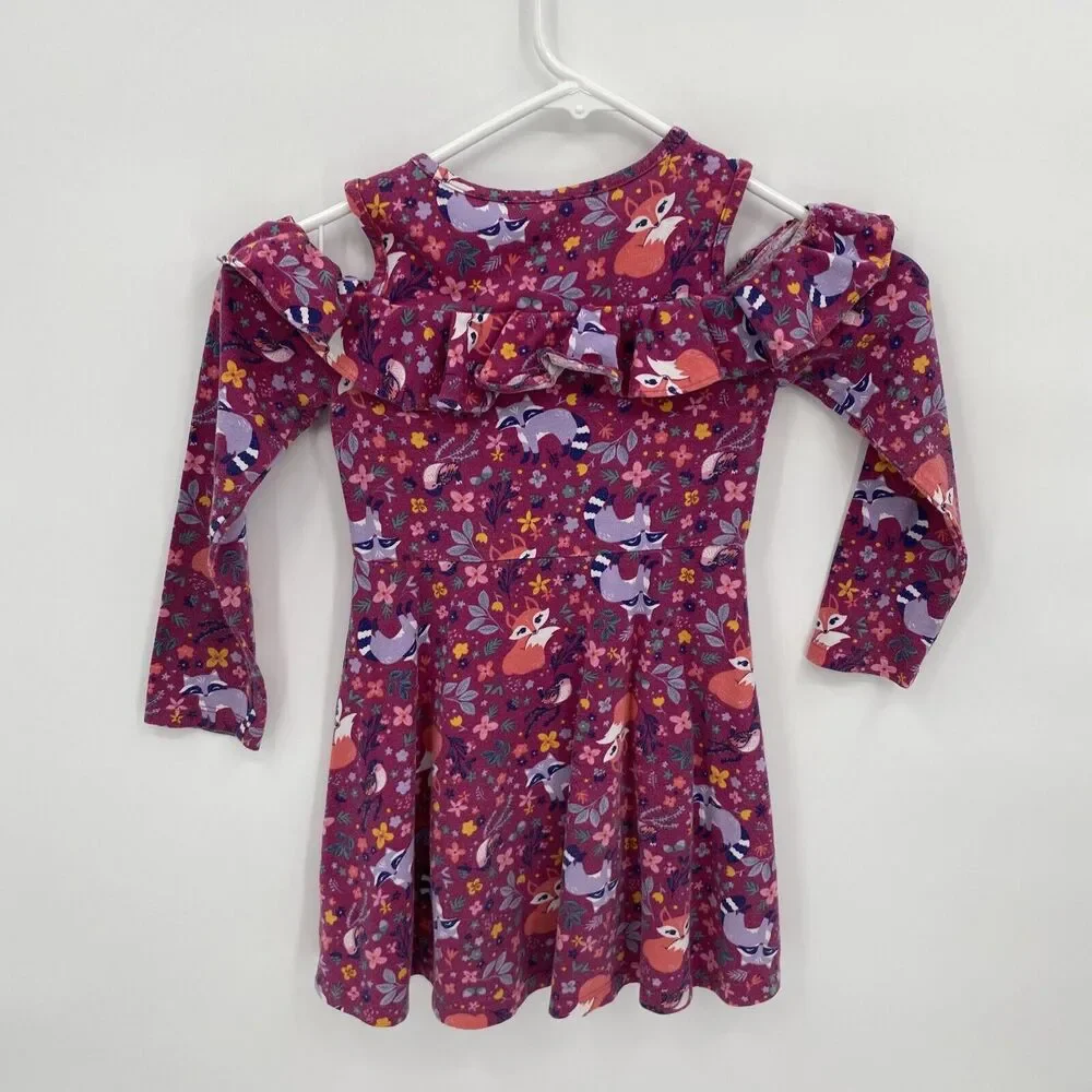 Fabkids Kids Fox Print Round Neck Long Sleeve Ruffle Trim Cold Shoulder Dress XS